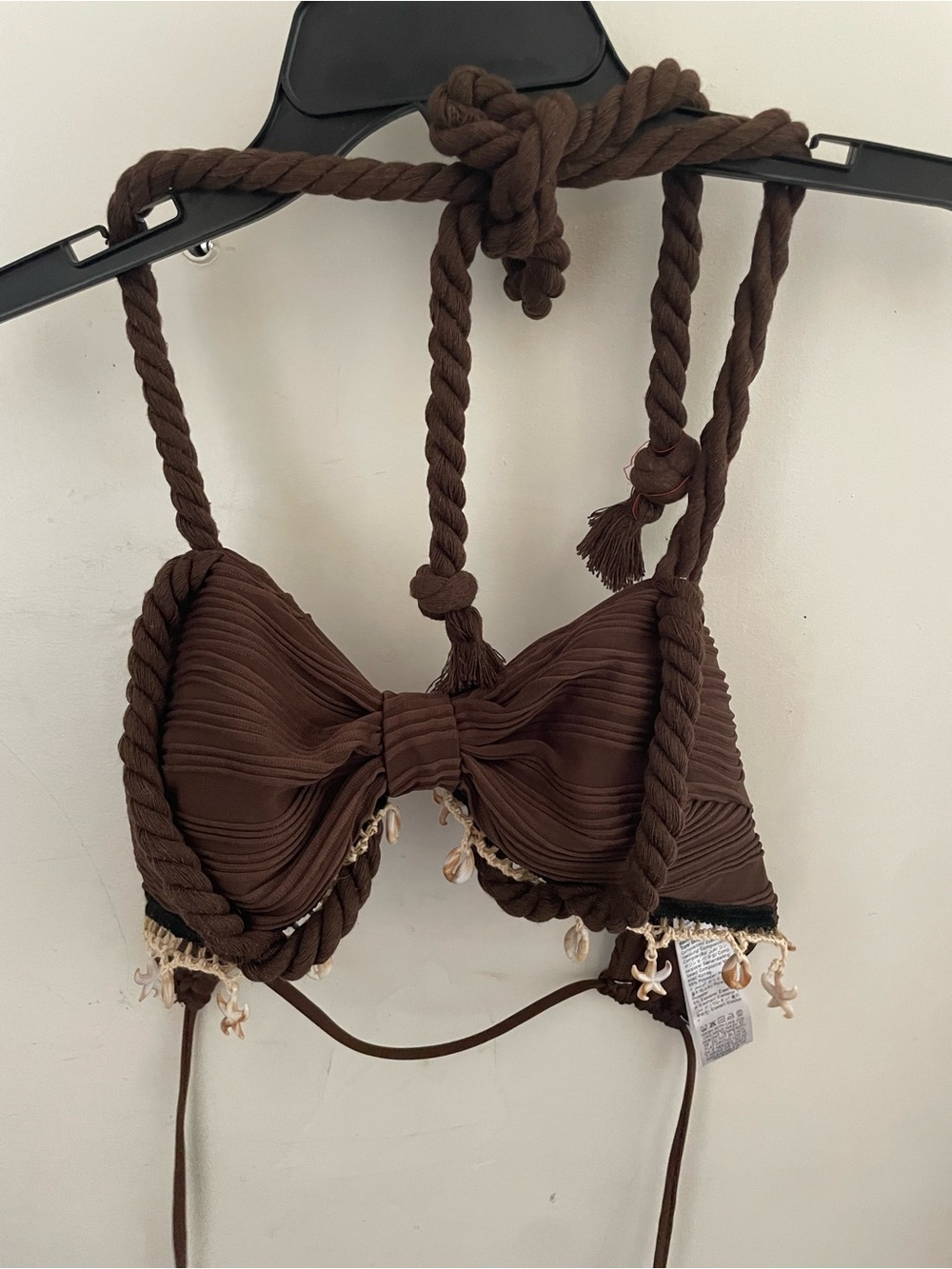 SHEIN Brown Rope-Detail Bikini Top with Shell Trim